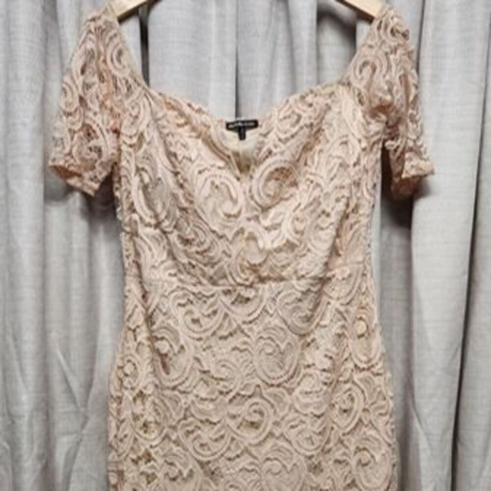 Peachy pink lace off the shoulder dress with short sleeve above knee v accent XL